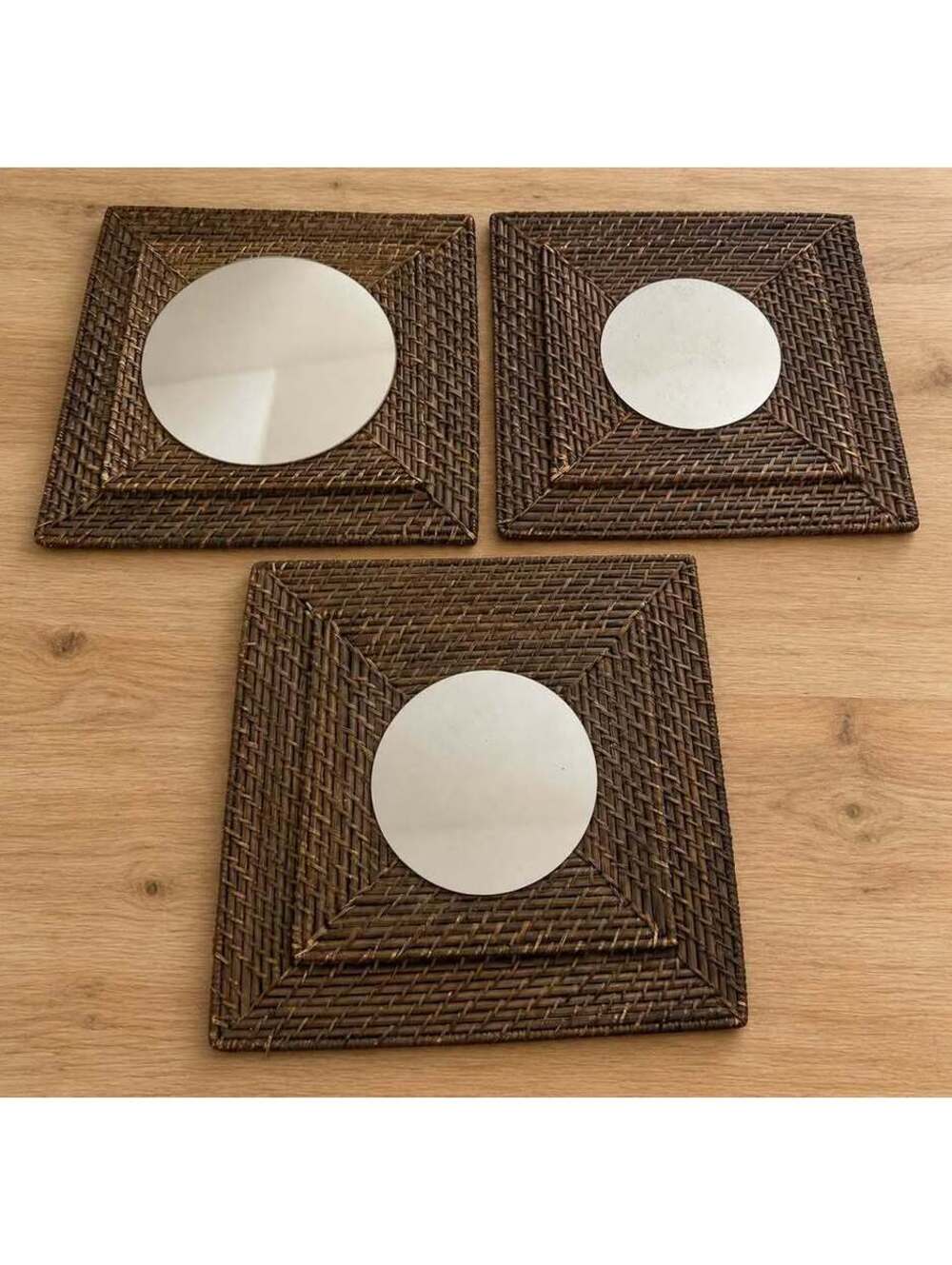 Set of 3 Woven Rattan Square Wall Mirrors
